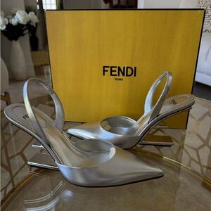 Fendi Metallic Silver Slingback Heels